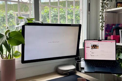 Escritorio minimalista de oficina en casa con monitor elevado, laptop, soporte ergonómico, teclado inalámbrico y plantas decorativas junto a una ventana