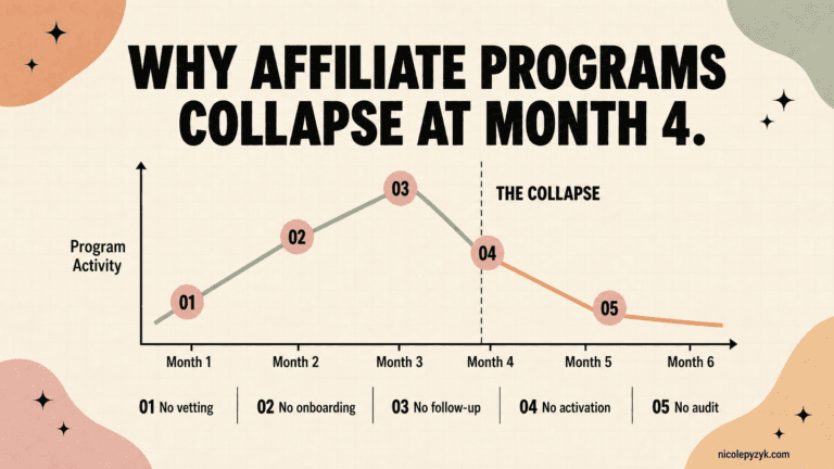 Line graph showing affiliate program activity rising from month 1 to month 3 then dropping sharply at month 4, labeled the collapse, with five foundation cracks identified below: no vetting, no onboarding, no follow-up, no activation, no audit