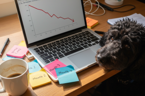 Laptop showing declining affiliate program performance graph with metrics dropping from month 1 to month 4, illustrated with colorful sticky notes on desk