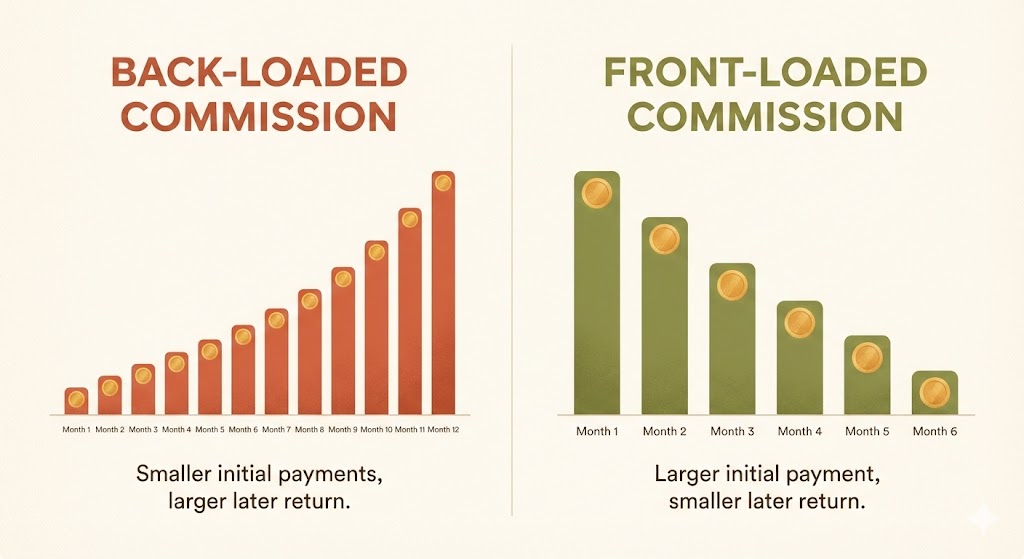 Side-by-side comparison of commission structures showing back-loaded vs front-loaded payment models and their impact on affiliate retention