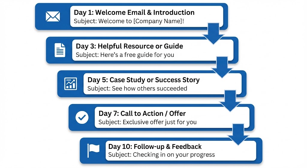 Flowchart showing seven-day affiliate onboarding sequence from sign-up to first commission with clear action steps at each stage