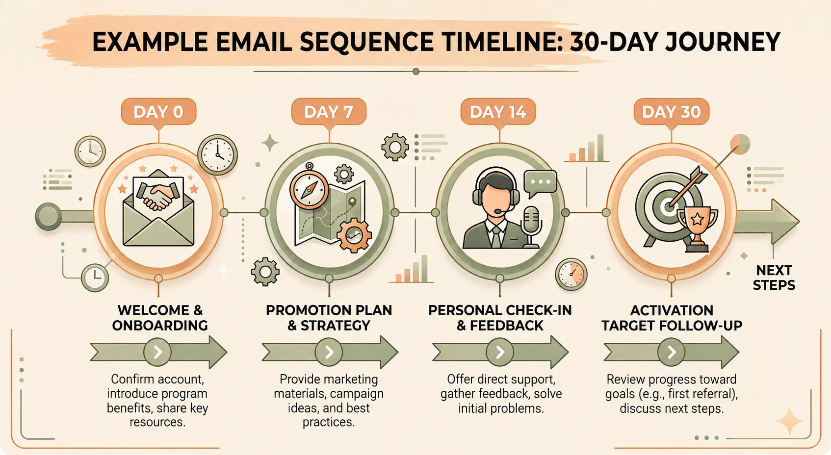 30-day affiliate onboarding email sequence timeline with key touchpoints