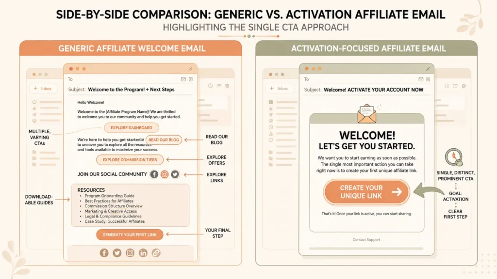 Comparison of a generic affiliate welcome email and an activation-focused affiliate onboarding email