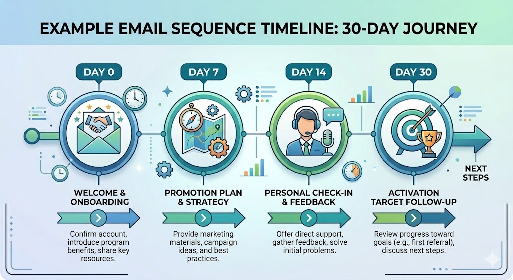 30-day affiliate onboarding email sequence timeline with key touchpoints
