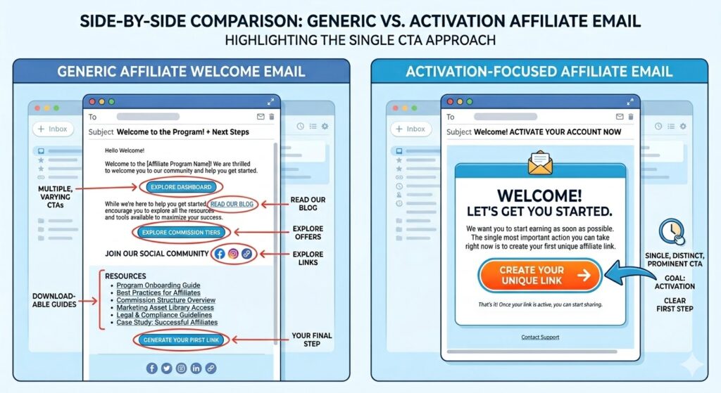 Comparison of a generic affiliate welcome email and an activation-focused affiliate onboarding email