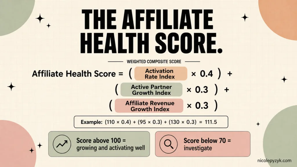The Affiliate Health Score: A Weighted Composite Formula for B2B SaaS Programs Formula graphic showing the Affiliate Health Score as a weighted composite of three indexes: activation rate index multiplied by 0.4, plus active partner growth index multiplied by 0.3, plus affiliate revenue growth index multiplied by 0.3, with a worked example showing a score of 111.5, and interpretation showing scores above 100 indicate a growing healthy program and scores below 70 require investigation