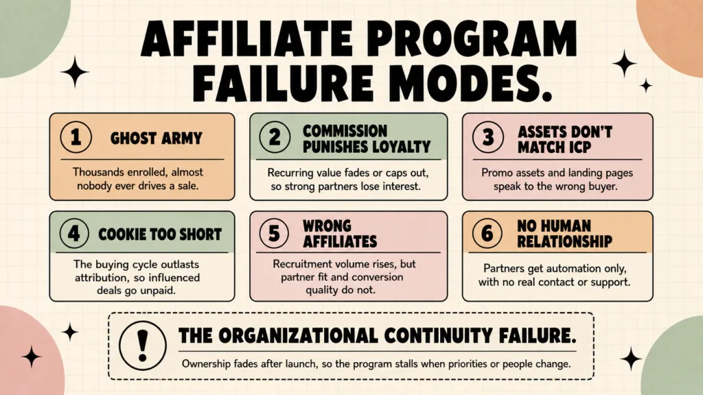 Six Affiliate Program Failure Modes in B2B SaaS (Plus the One Nobody Writes About) Infographic showing six numbered affiliate program failure modes: ghost army, commission punishes loyalty, assets don't match ICP, cookie too short, wrong affiliates, and no human relationship, plus a separately highlighted seventh failure mode called the organizational continuity failure