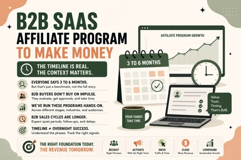 Infographic about a B2B SaaS affiliate program to make money, with charts, calendar, and a coffee mug in a green/cream design.