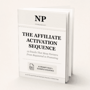 Stack of white brochures with an NP logo on the cover and the bold title 'THE AFFILIATE ACTIVATION SEQUENCE'.
