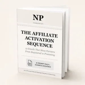 Stack of white brochures with an NP logo on the cover and the bold title 'THE AFFILIATE ACTIVATION SEQUENCE'.