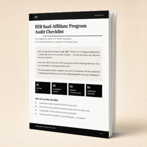 Front cover of a document titled 'B2B SaaS Affiliate Program Audit Checklist' with a black header on a beige background.