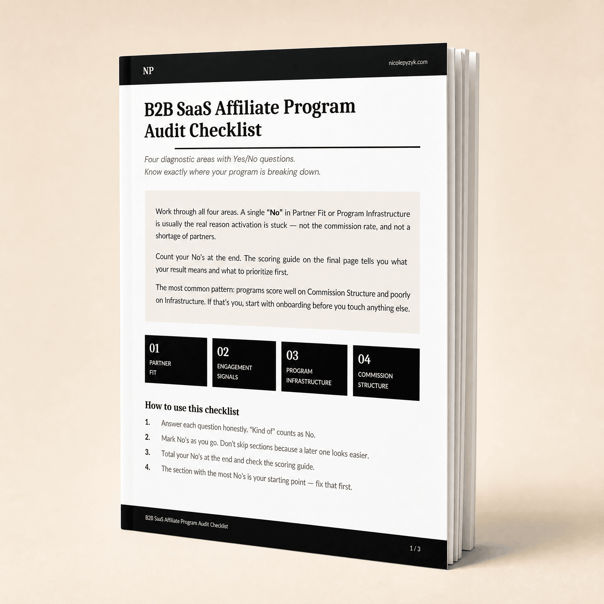 Front cover of a document titled 'B2B SaaS Affiliate Program Audit Checklist' with a black header on a beige background.