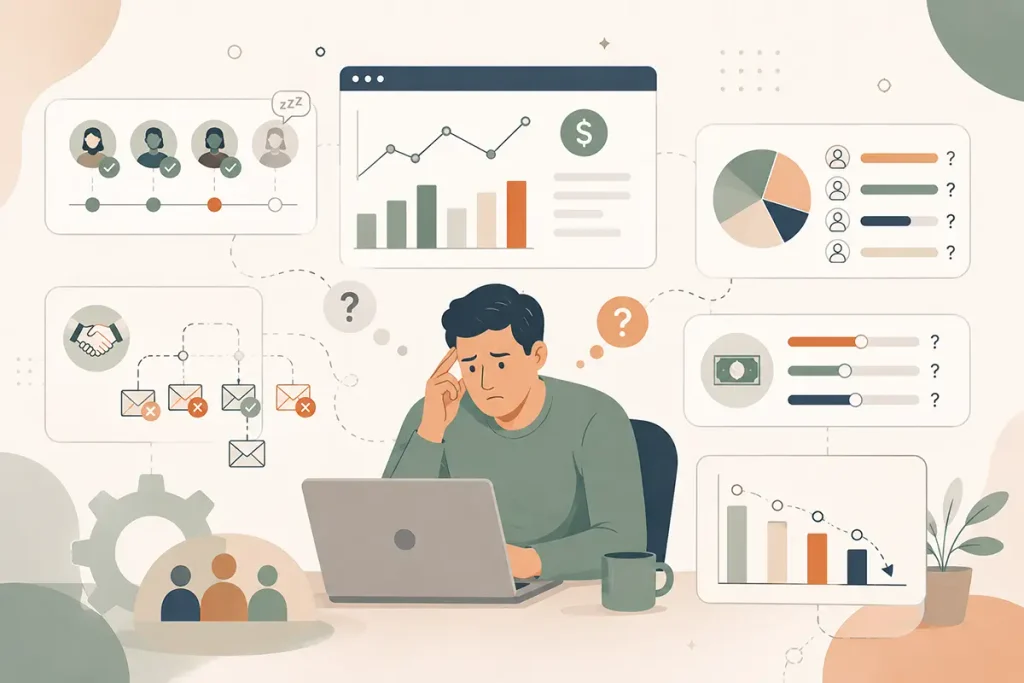 Sound familiar A man sits at a desk with a laptop, surrounded by charts and dashboards, looking overwhelmed and stressed.